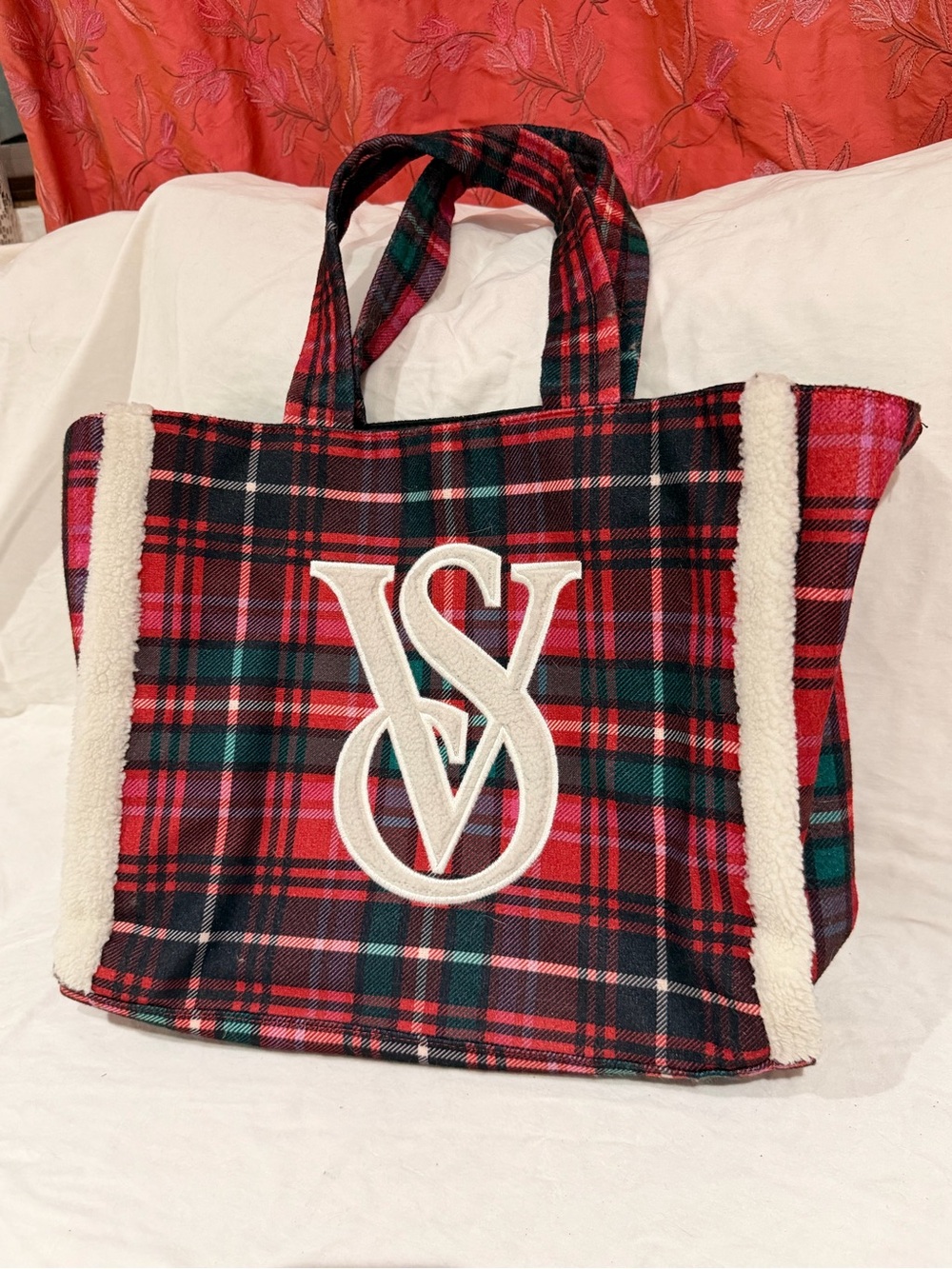 Victoria's Secret Red and Green Plaid Tote with Cream Sherpa Trim